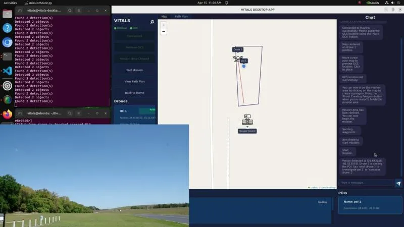 The VITALS desktop application on Ubuntu: a mission map with a drawn search polygon and a drone marker, a drone control panel on the left, a live drone camera feed at the bottom, and an operator chat log with points of interest on the right.